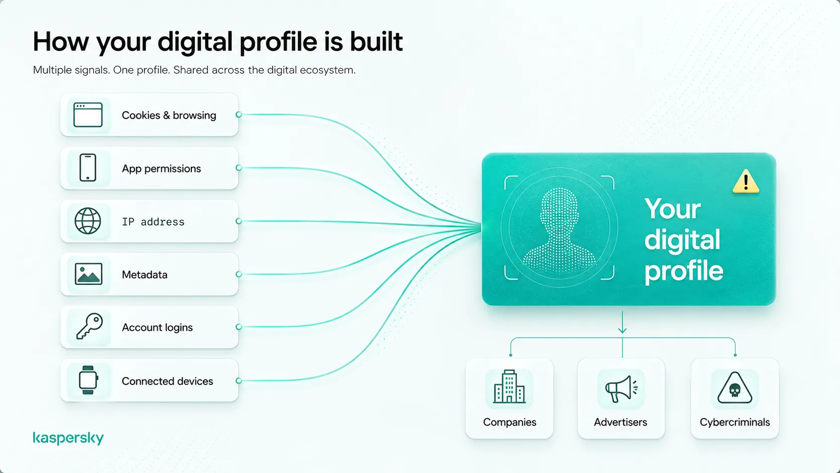 Digital profile built from browsing data, app permissions, IP addresses, metadata, and connected devices