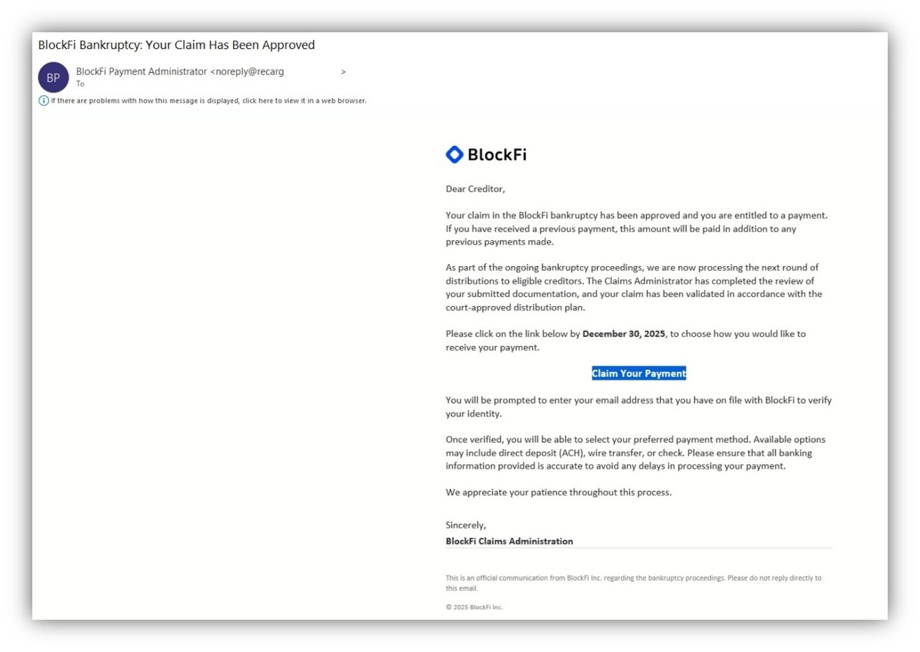 A phishing email inviting users to “claim payment” after the BlockFi bankruptcy
