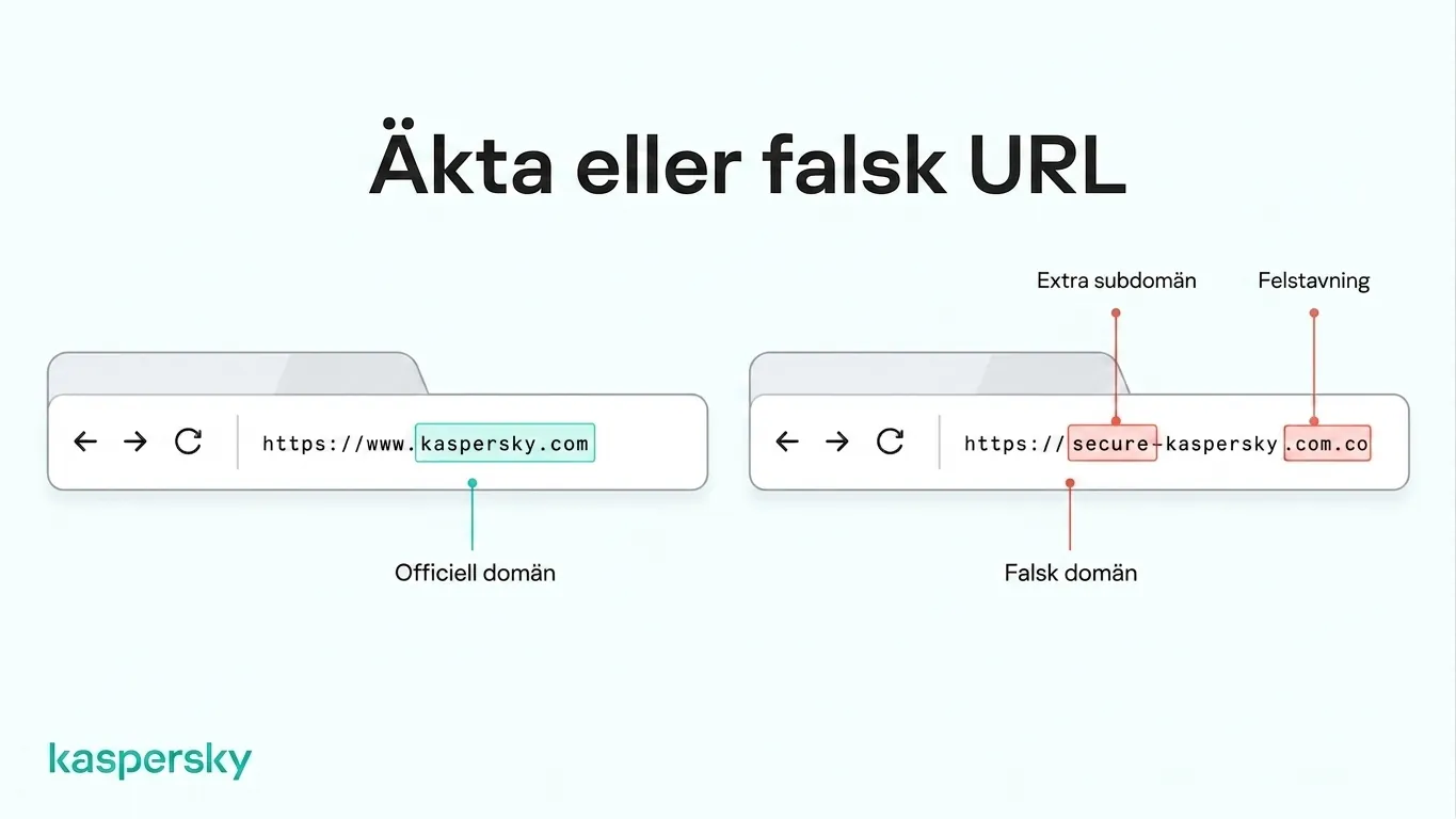 Jämförelse av en officiell Kaspersky‑URL med en lookalike‑domän som visar misstänkta URL‑ändringar