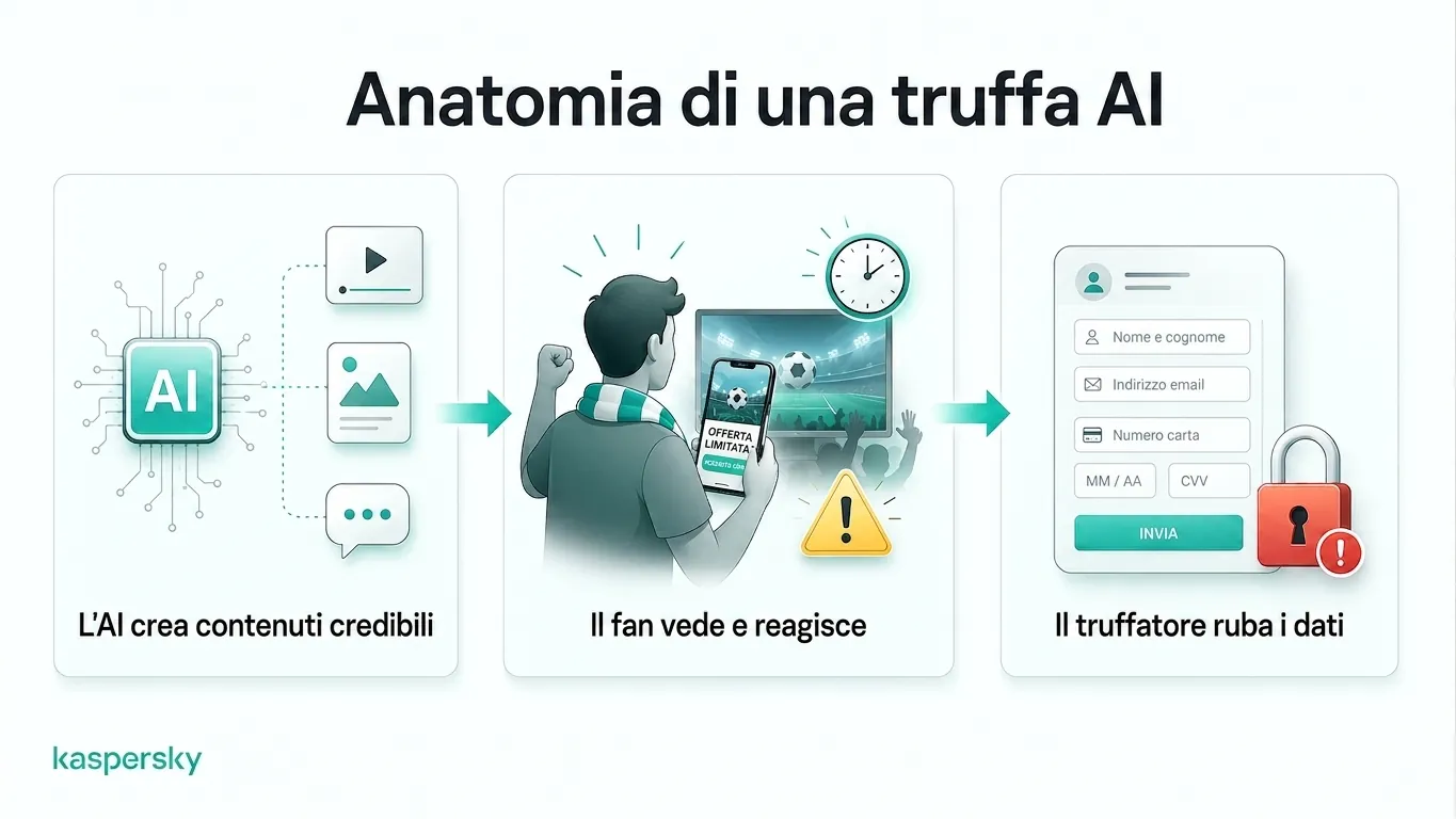Diagramma che mostra come le truffe alimentate dall'IA legate ai Mondiali ingannano i tifosi inducendoli a condividere dati personali