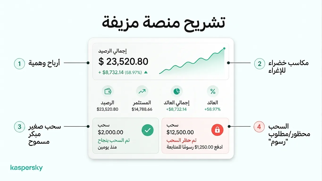 منصة استثمار مزيفة تُظهر أرباحًا ملفقة، سحبًا مبكرًا صغيرًا، ثم حظر سحبٍ أكبر بسبب رسوم