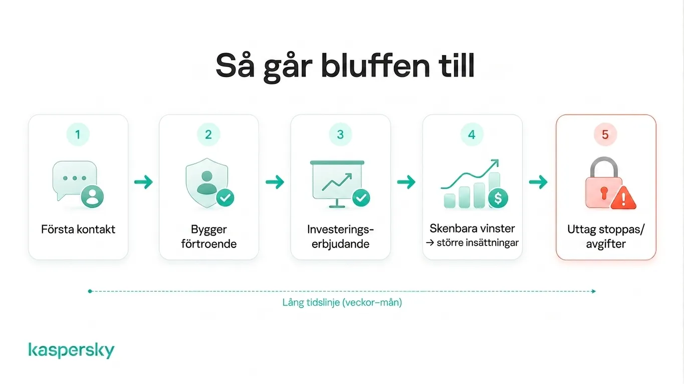 Fem faser i ett grisslaktsbedrägeri, från initial kontakt och förtroendeskapande till skenbara vinster och blockerade uttag