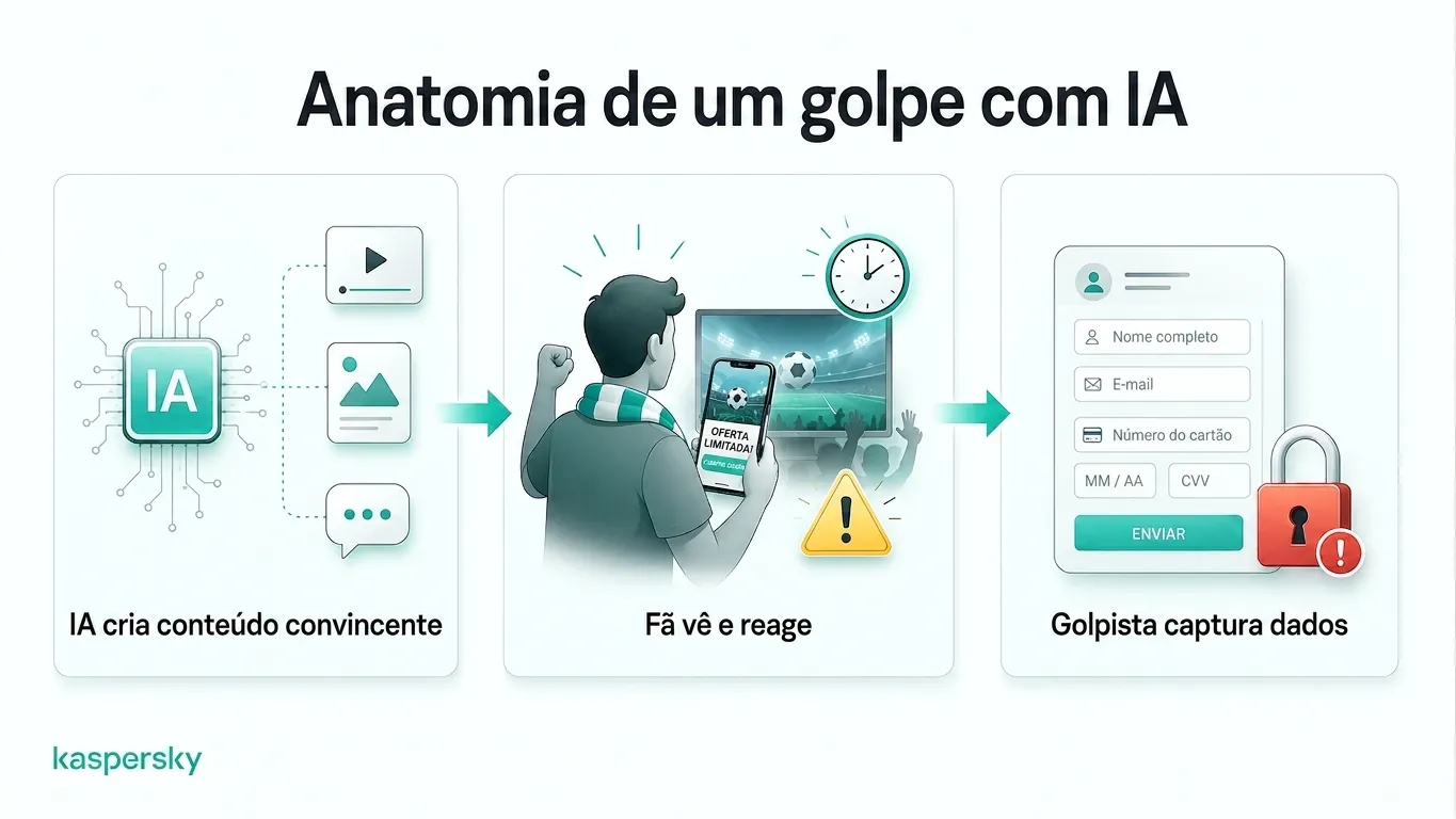 Diagrama que mostra como fraudes alimentadas por AI no Mundial induzem adeptos a partilhar dados pessoais