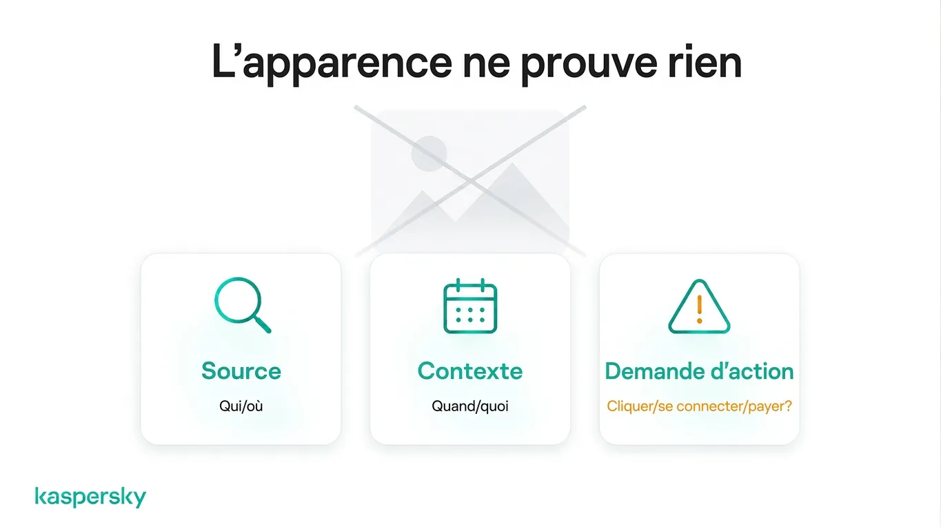 Trois vérifications pour un contenu en ligne suspect : vérifiez la source, le contexte et l’action demandée