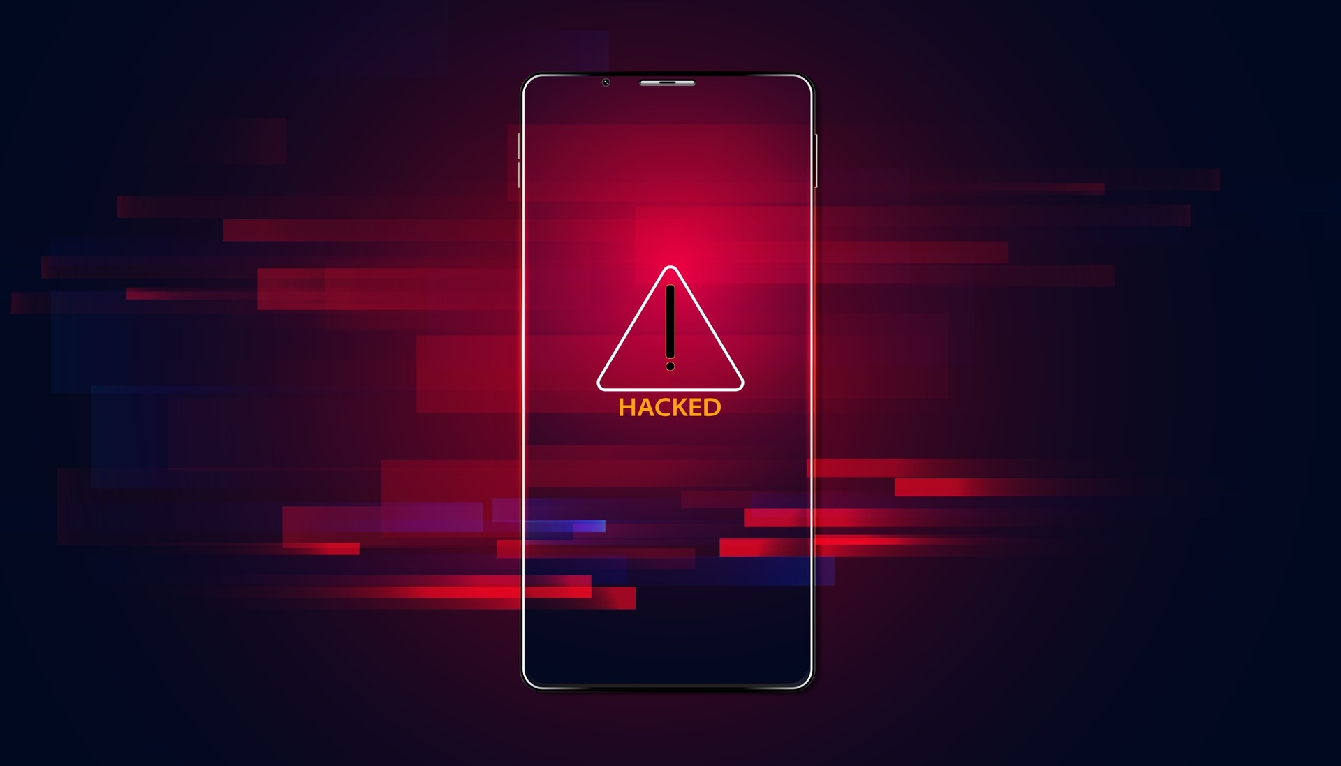 Smartphone warning screen showing hacked device alert and potential security breach