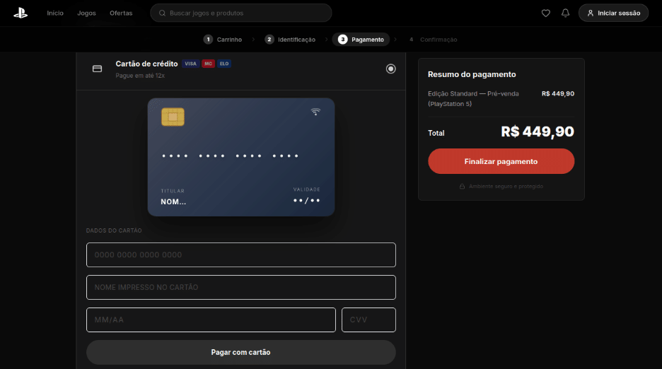 Pagamento via cartão de crédito do jogo GTA 6 no site fraudulento