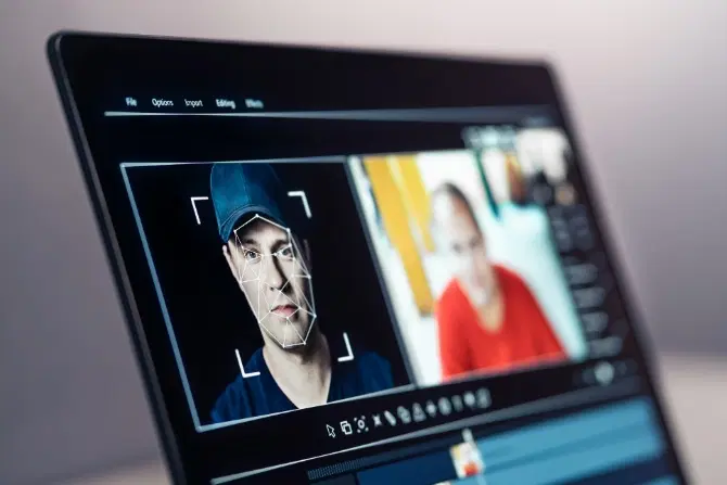 A screen with two images of a face showing how deepfakes are mad