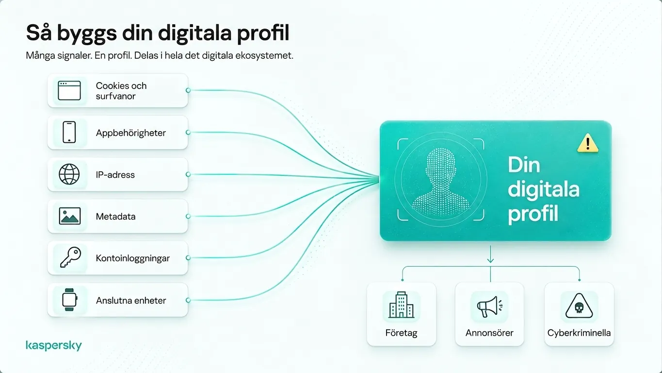 Digital profile built from browsing data, app permissions, IP addresses, metadata, and connected devices