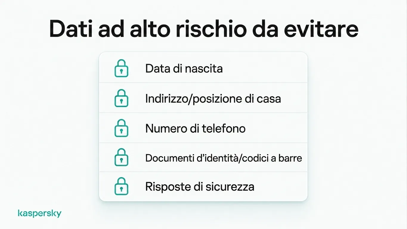 Cinque dettagli ad alto rischio da evitare online: data di nascita, posizione, numero di telefono, documenti d'identità e risposte alle domande di sicurezza