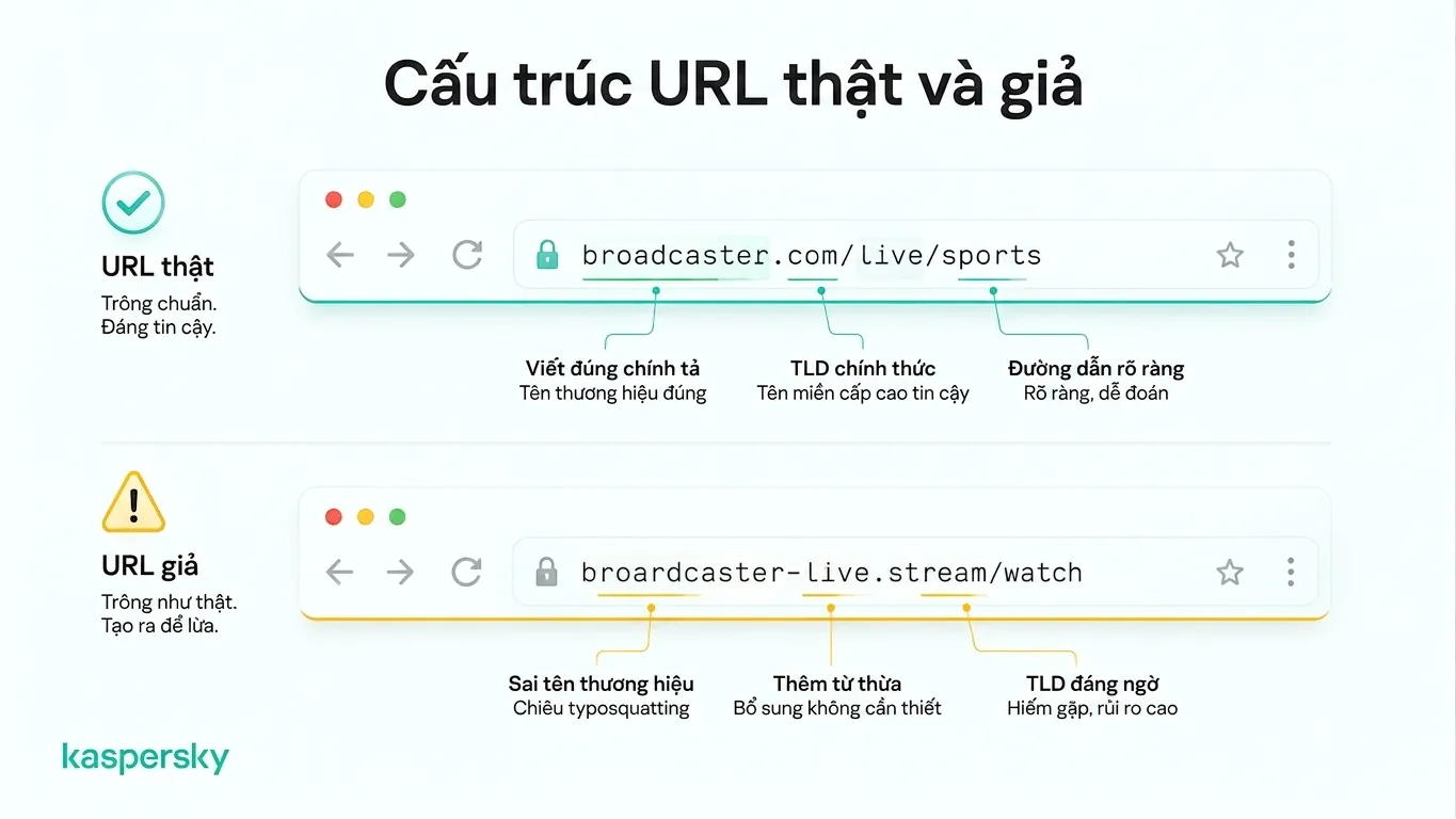So sánh URL hợp lệ và URL phát trực tiếp World Cup giả mạo.