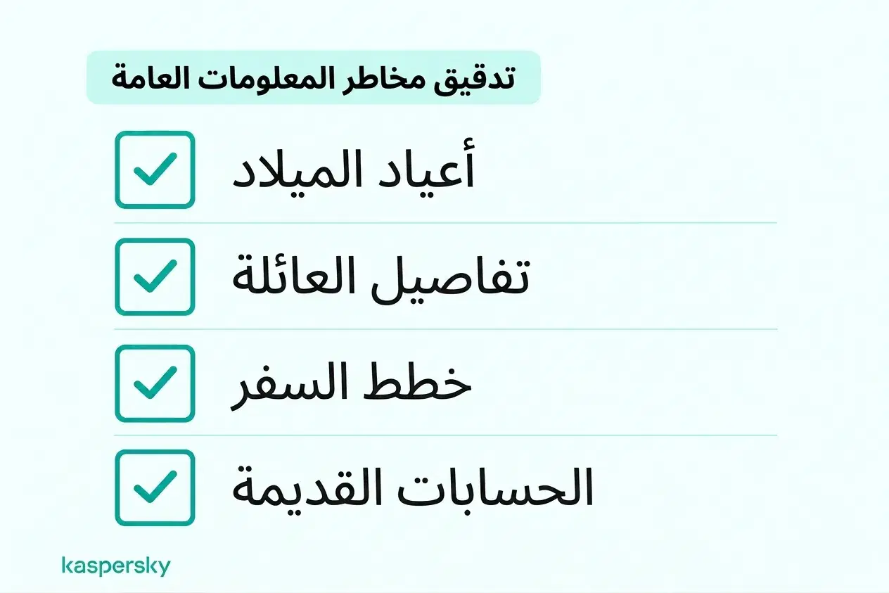 قائمة تحقق للخصوصية لمراجعة تواريخ الميلاد المشتركة علناً، تفاصيل العائلة، خطط السفر، والحسابات غير المستخدمة