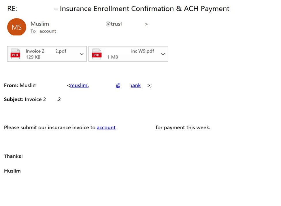 An example of a business email compromise thread sent via Amazon SES