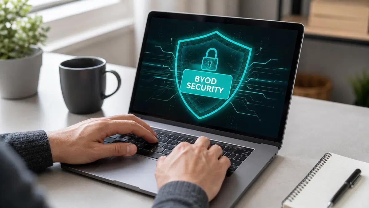 BYOD cybersecurity illustration with a central security interface surrounded by business, technology, and protection icons.