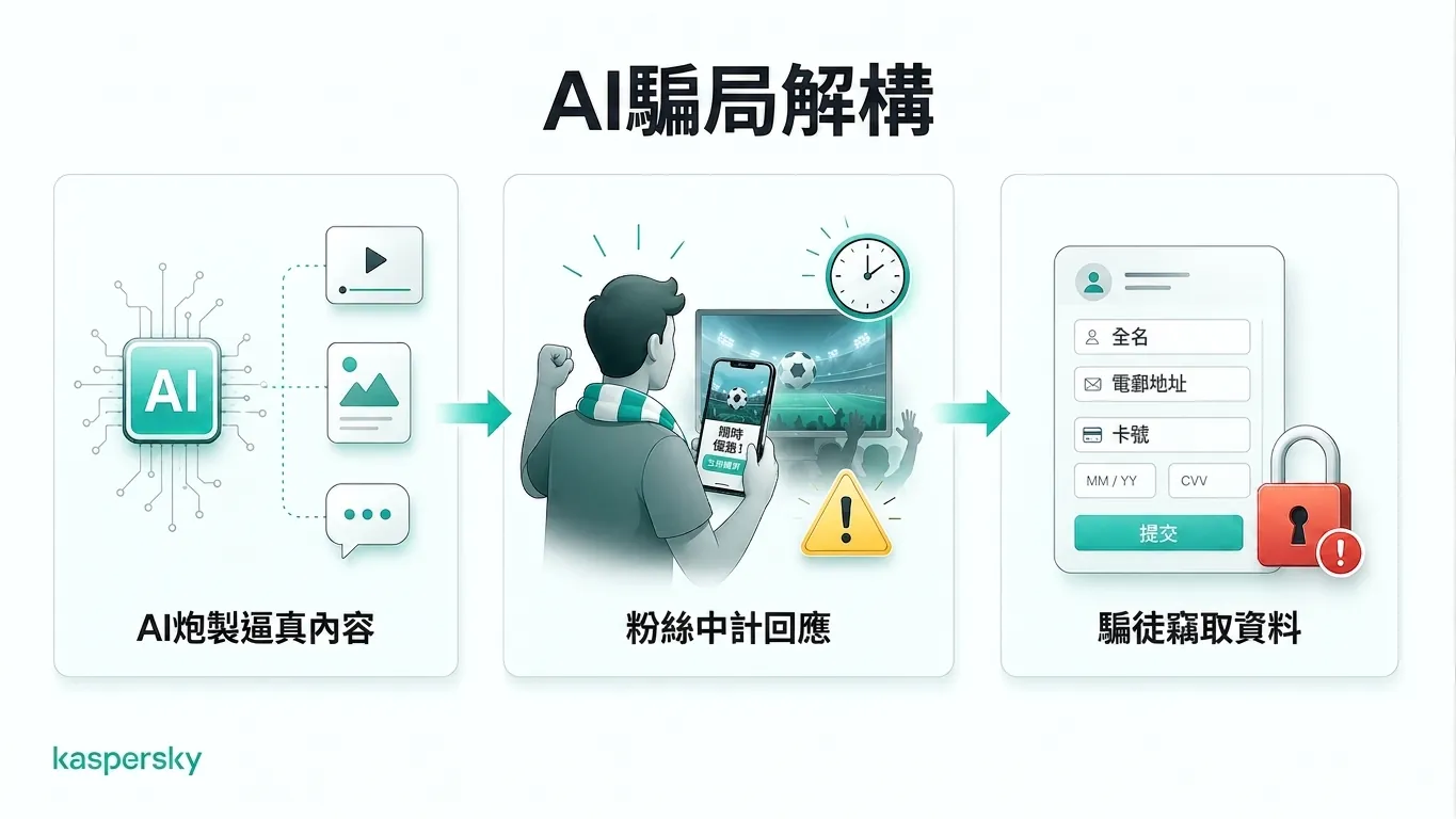 圖示:AI 驅動的世界盃詐騙如何誘導球迷共用個人資料(示意)