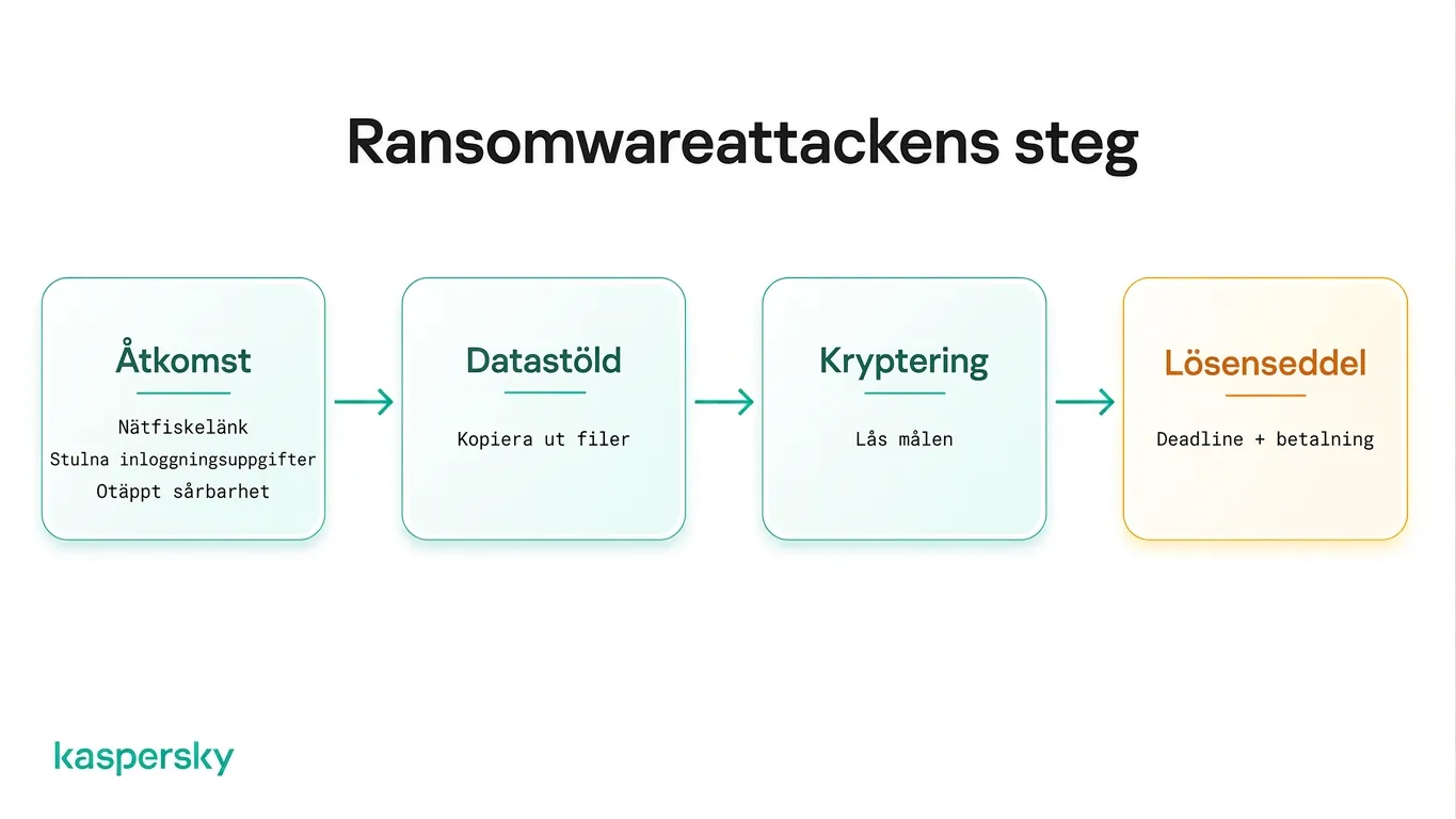Faser i en utpressningsattack från initial åtkomst till lösenkrav