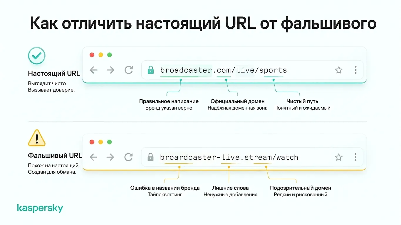 Сравнение легитимного и поддельного URL трансляции ЧМ‑2026
