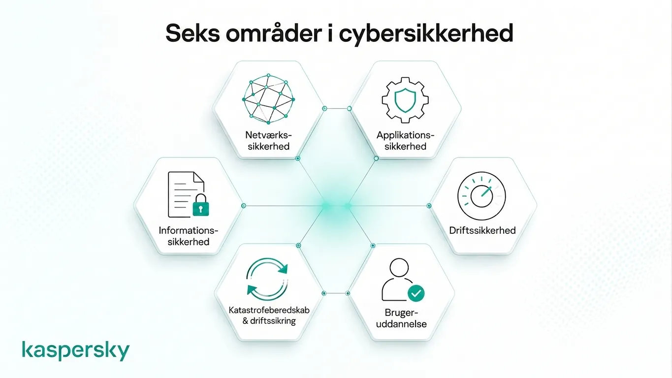 Diagram, der viser de seks kerneområder inden for cybersikkerhed og informationssikkerhed