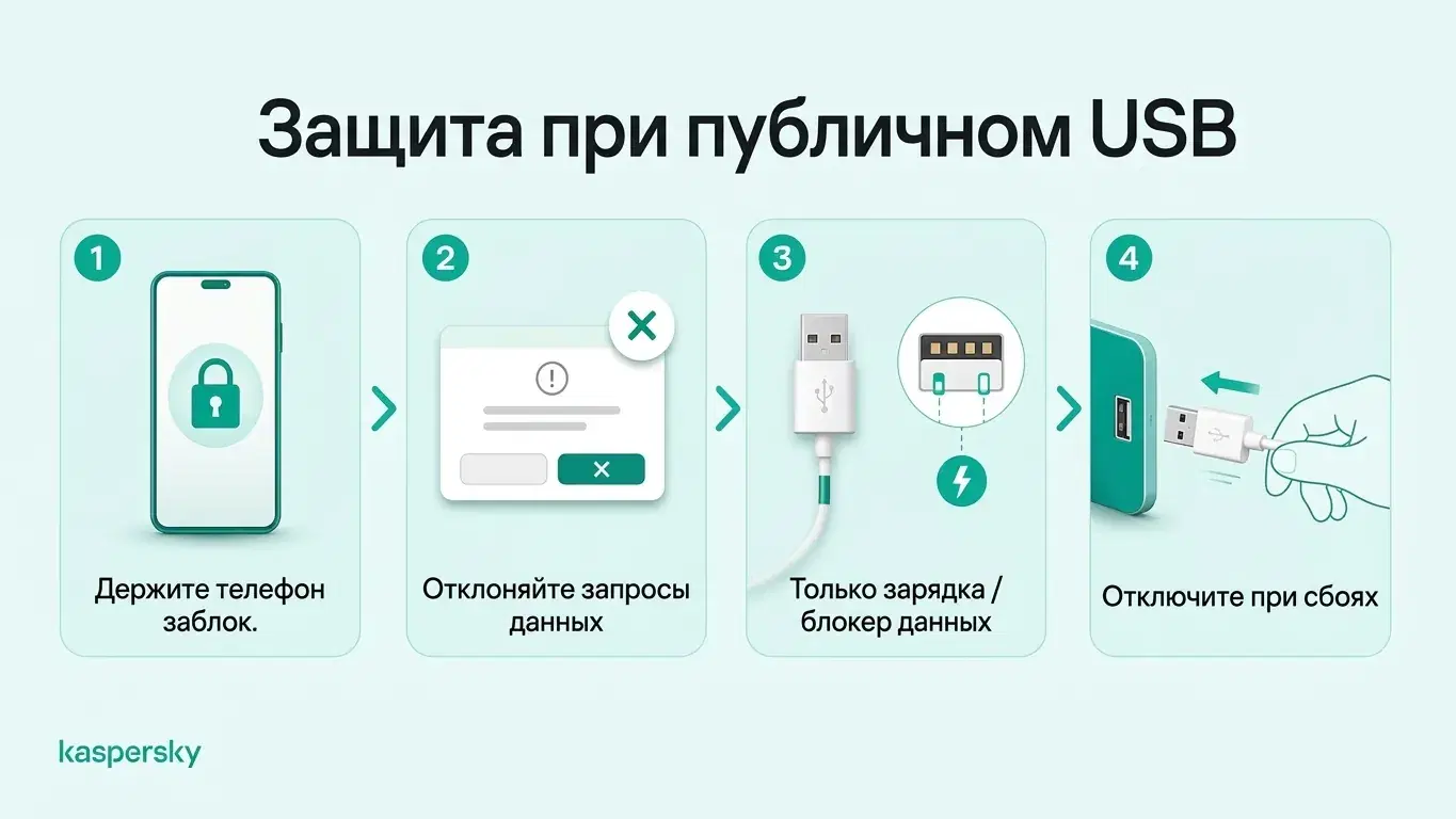 Четыре совета по безопасности при общественной USB‑зарядке: блокируйте телефон, отклоняйте запросы на передачу данных, используйте USB‑блокиратор и отключайтесь, если что‑то вызывает подозрение