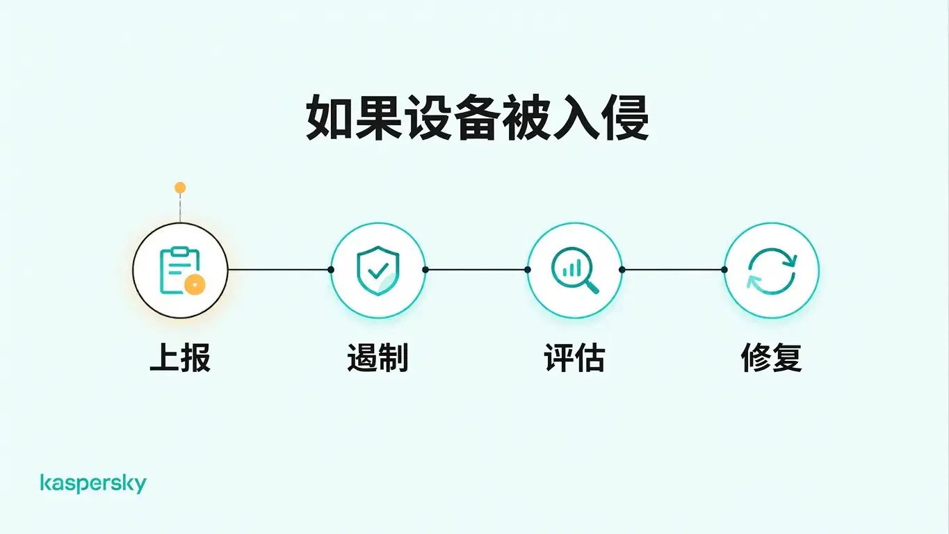 应对被攻破的员工笔记本的四个步骤:上报、遏制、评估与修复。