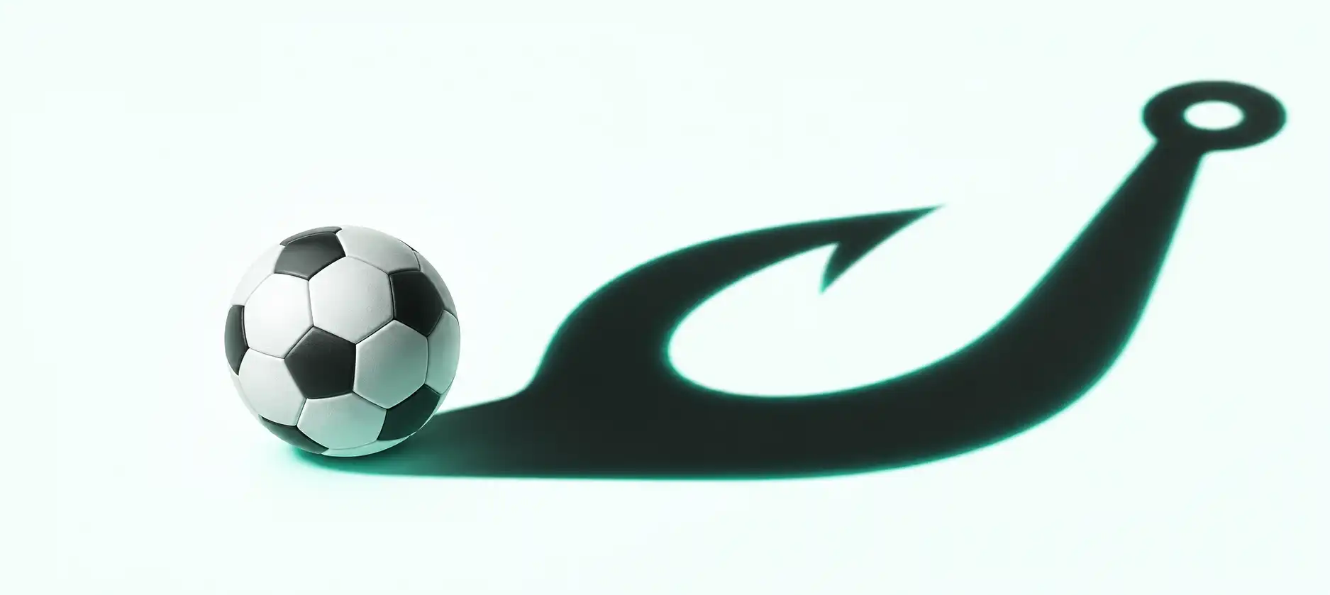 Soccer ball casting a phishing hook shadow to symbolize World Cup AI scams