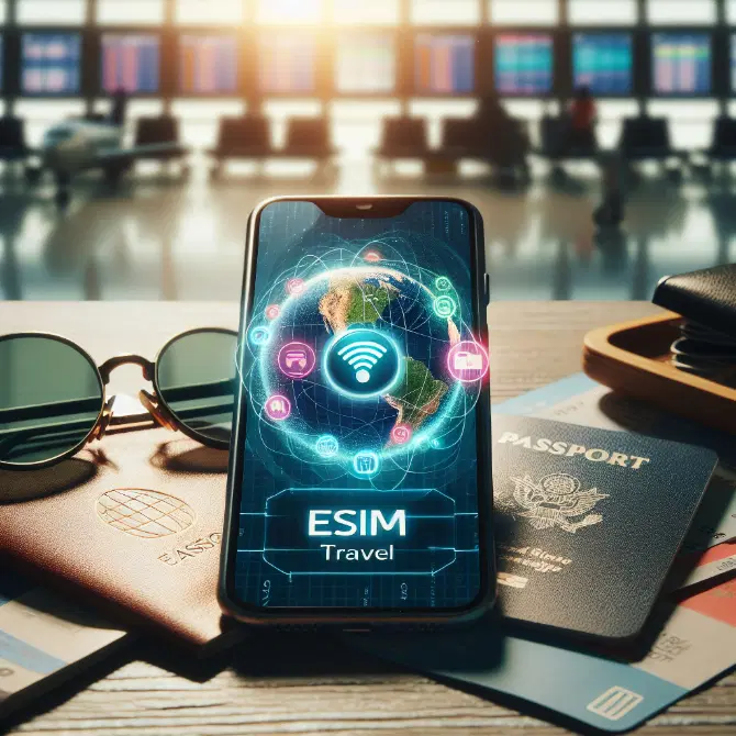 Älypuhelin, jossa näkyy "eSIM travel" -kuvake sekä matkailuun liittyvää grafiikkaa, kuten kartta.