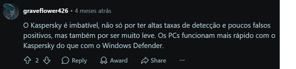 comentário positivo sobre a Kaspersky no Reddit
