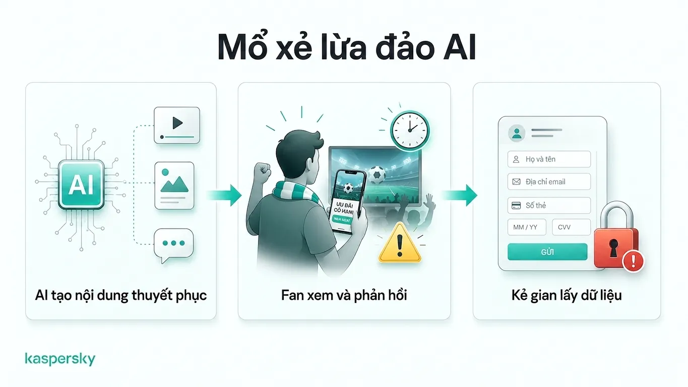 Sơ đồ minh họa cách các trò lừa đảo World Cup dùng AI đánh lừa người hâm mộ để lấy dữ liệu cá nhân