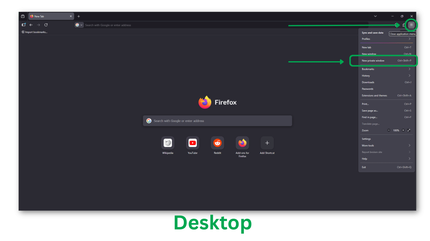Firefox on desktop with the application menu open and New Private Window highlighted.