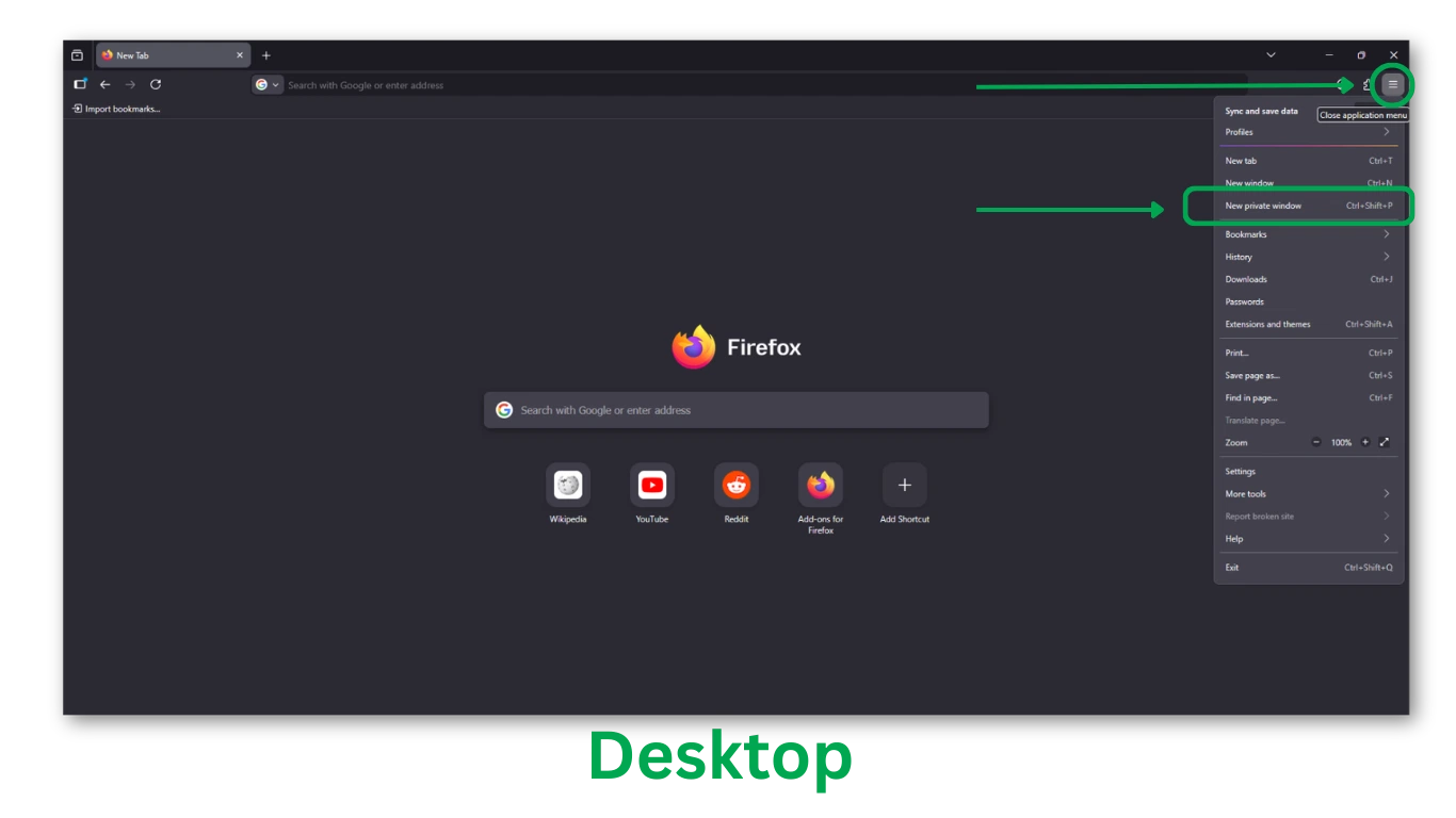 Firefox على سطح المكتب مع فتح قائمة التطبيق وتحديد خيار New Private Window.