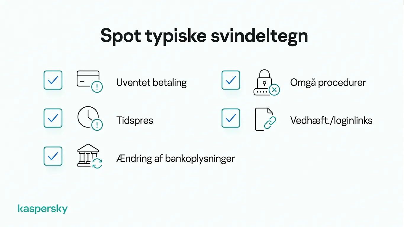 Almindelige advarselstegn på forretningssvindel, herunder hastende betalingsanmodninger og mistænkelige links