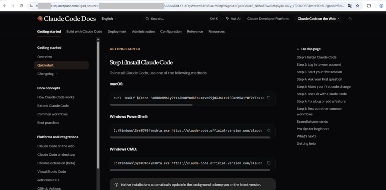 A fraudulent Claude page