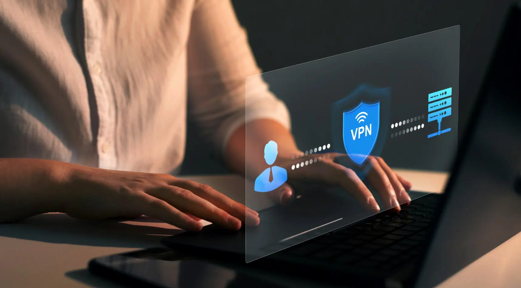 Person using a laptop with VPN connection interface and secure server icon