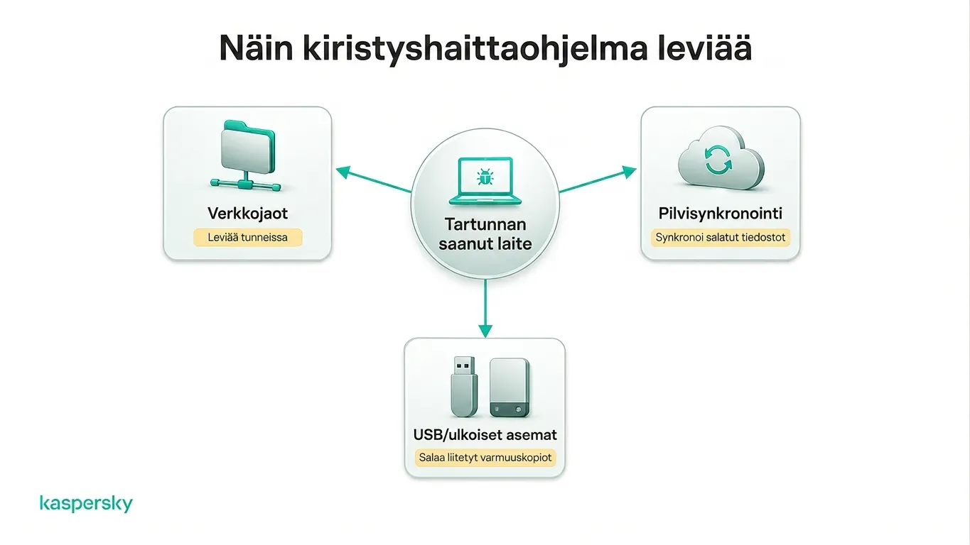 Kiristysohjelma leviää verkkojakoon, pilvitallennukseen ja ulkoisille levyille