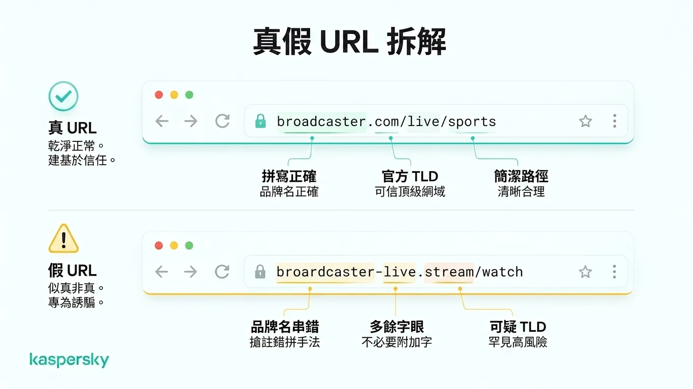 合法與假冒 FIFA 世界盃 串流網址範例比較