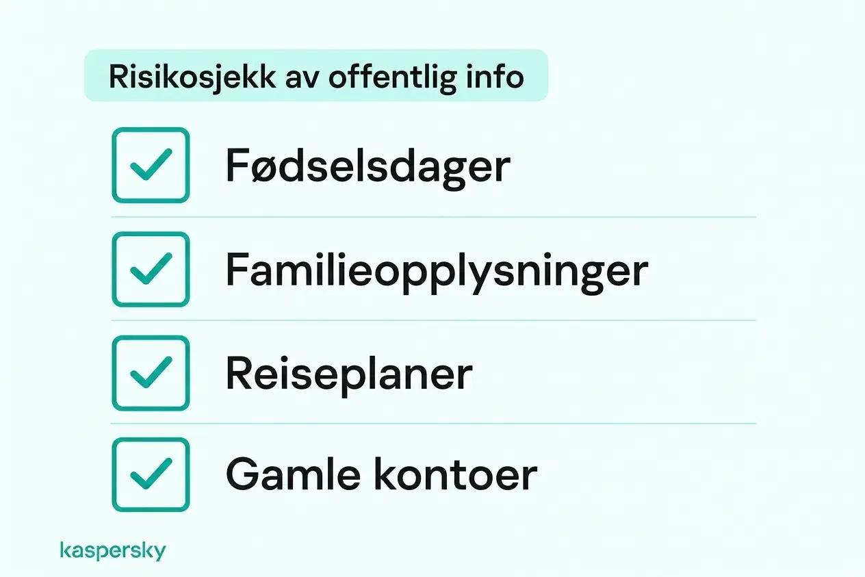 Sjekkliste for personvern ved gjennomgang av offentlige bursdager, familiedetaljer, reiseplaner og ubrukte kontoer