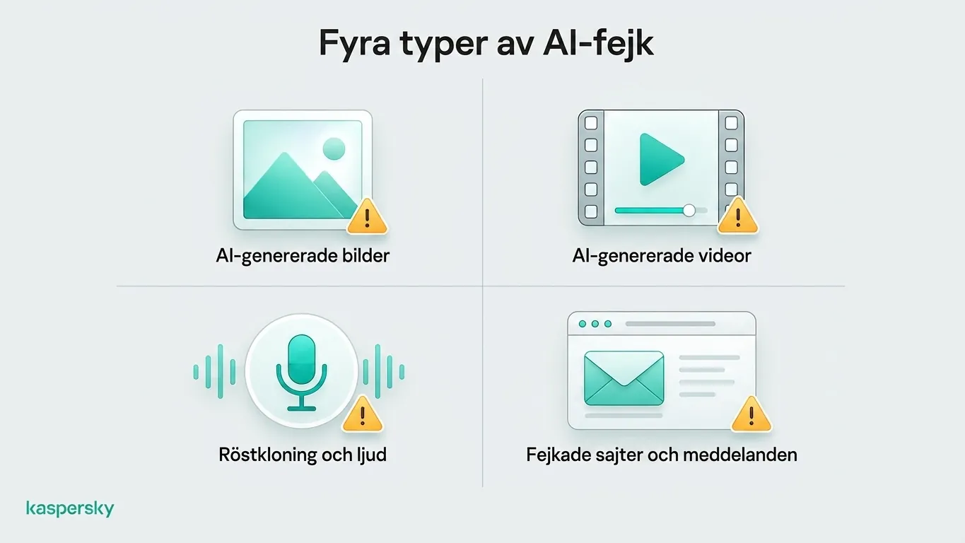Fyra vanliga AI‑fakes: bilder, videor, röstkloning och falska webbplatser