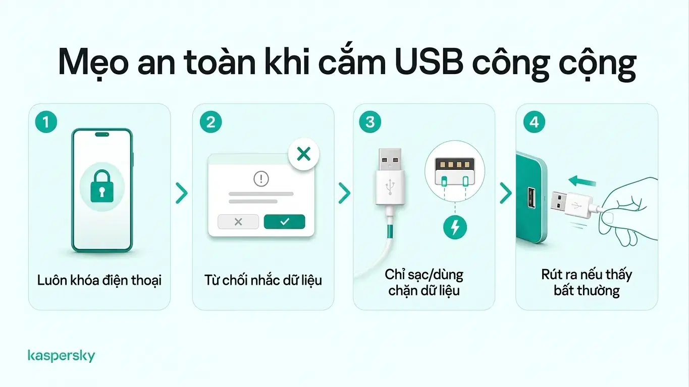 Bốn mẹo an toàn khi sạc công cộng bằng USB: khóa máy, từ chối yêu cầu dữ liệu, dùng đầu chặn dữ liệu, và rút ngay nếu nghi ngờ