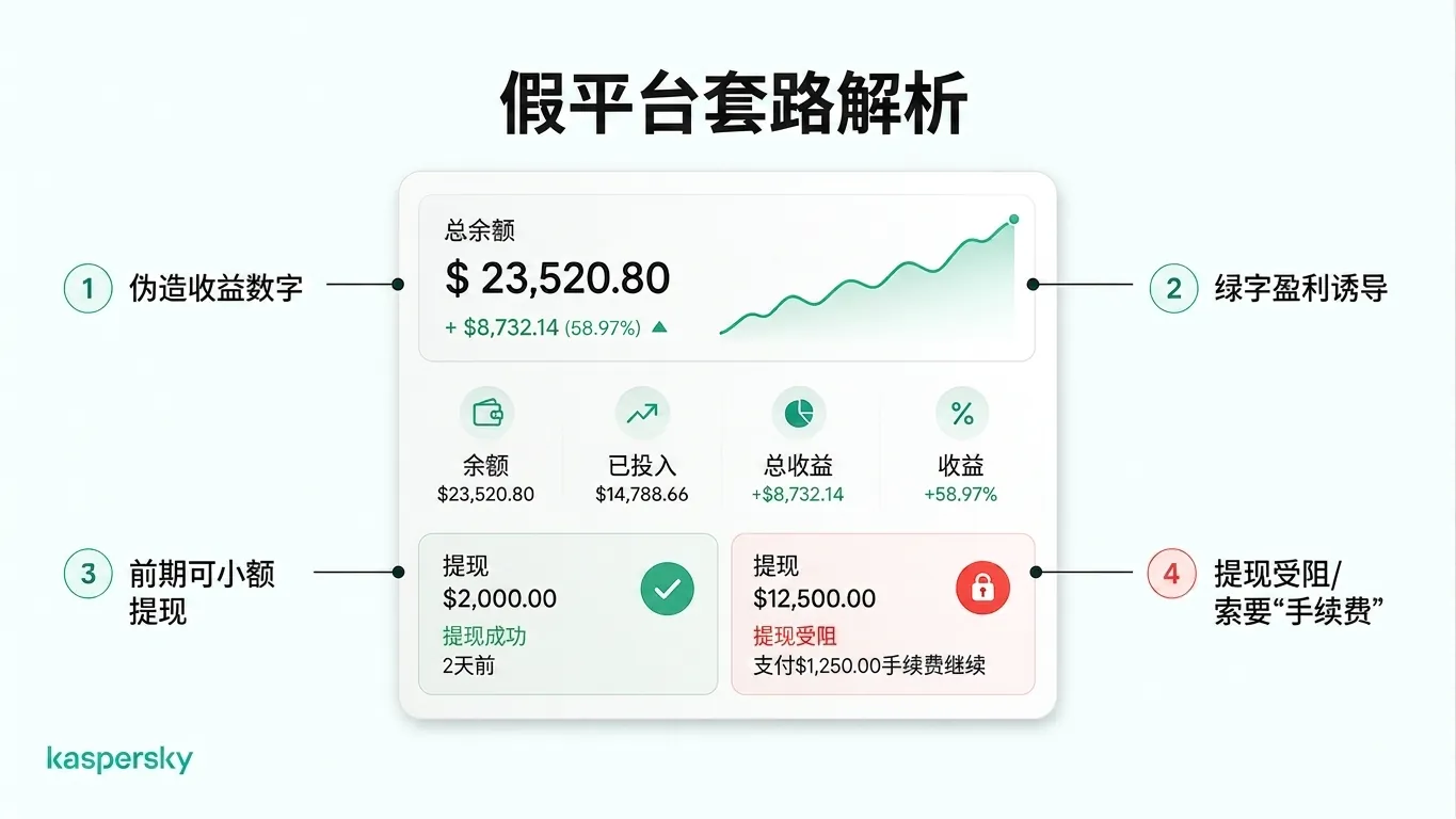 假投资平台示例:显示伪造盈利、一次早期提现,以及因费用而被阻止的大额提现