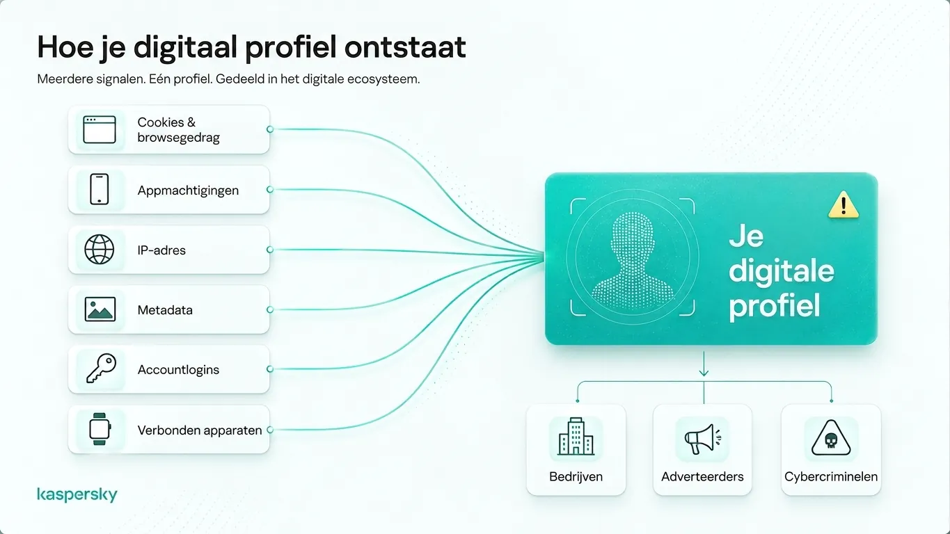 Digital profile built from browsing data, app permissions, IP addresses, metadata, and connected devices