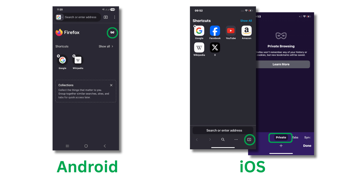 Firefox on Android and iOS with the private browsing mask icon highlighted in the toolbar and the Private Browsing screen visible on iOS.