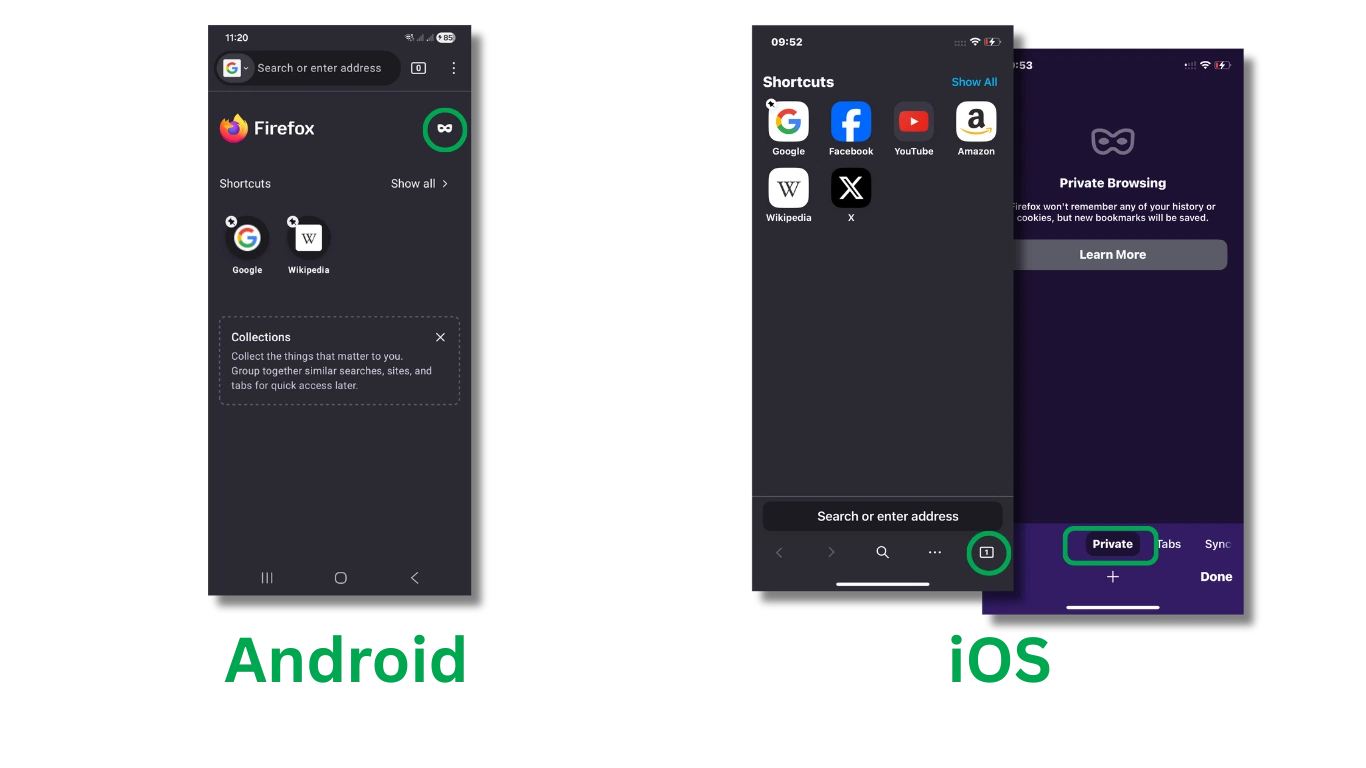Firefox على Android وiOS مع تمييز أيقونة قناع التصفح الخاص في شريط الأدوات، ومع ظهور شاشة التصفح الخاص على iOS.
