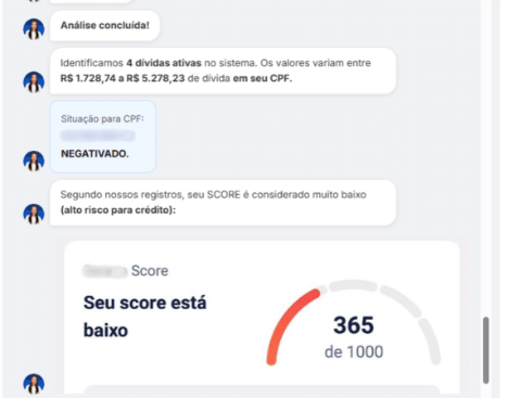 Chat de atendimento com a confirma&ccedil;&atilde;o de dados e an&aacute;lise de score