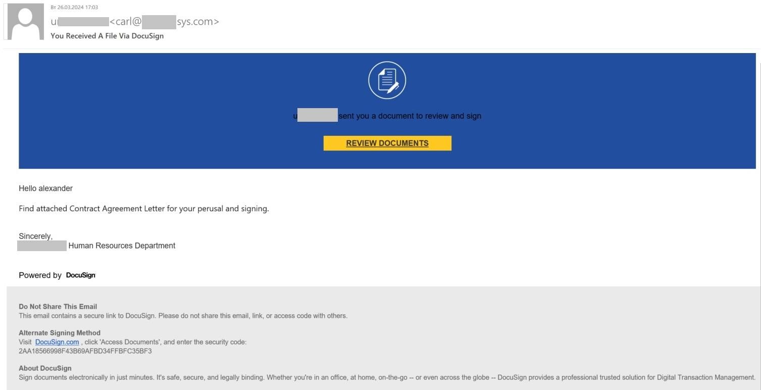 High-quality fake Docusign email