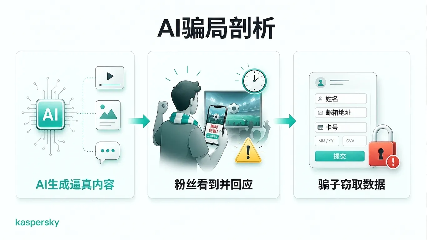 说明图:展示由AI驱动的世界杯诈骗如何诱使球迷分享个人数据