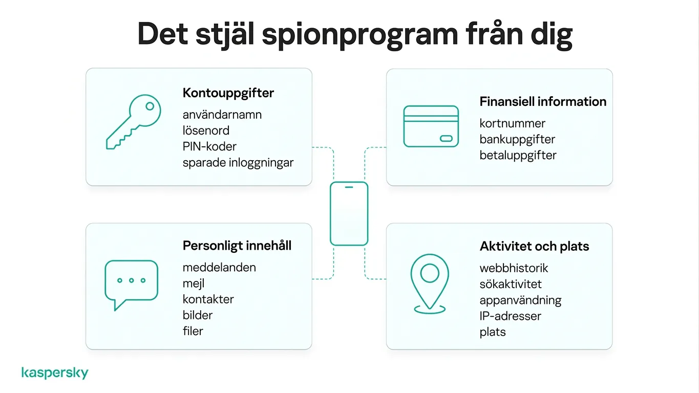 Diagram som visar vilka typer av information spionprogram kan stjäla, inklusive lösenord, finansiella uppgifter, meddelanden och platsinformation