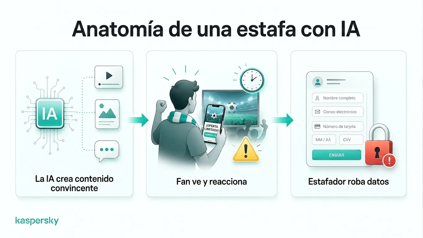 Diagrama que muestra cómo las estafas del Mundial impulsadas por AI engañan a los aficionados para que compartan datos personales