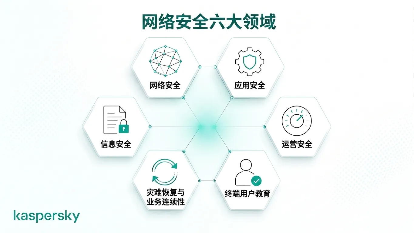 Diagram showing the six core domains of cybersecurity and information security