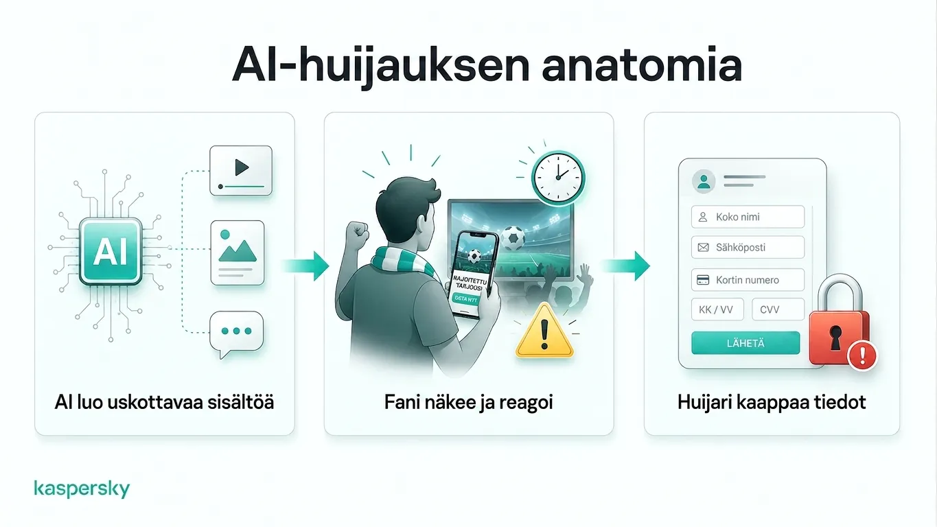 Kaavio, joka näyttää miten AI-hyödyntävät MM-huijaukset huijaavat faneja jakamaan henkilötietoja