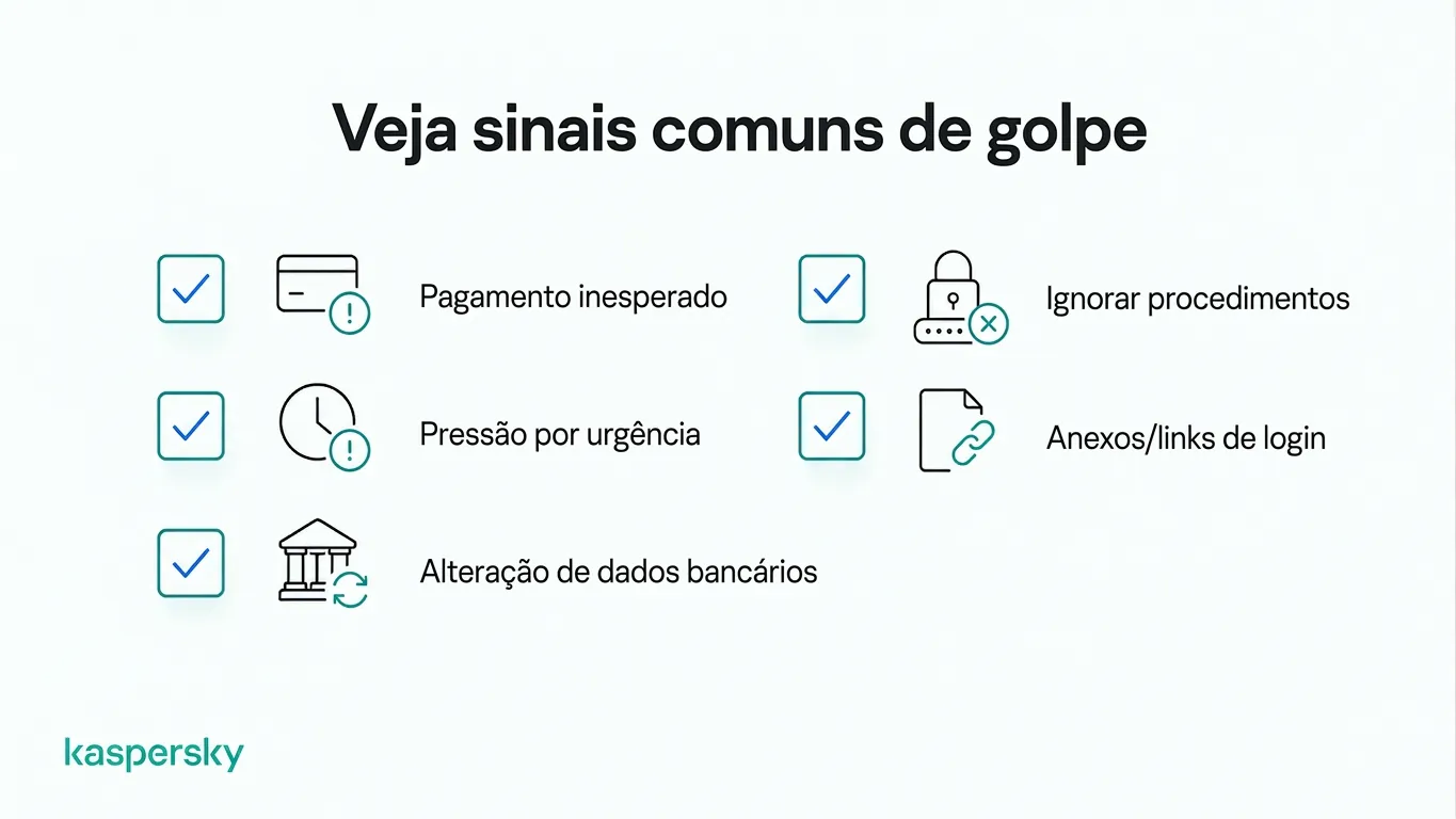 Sinais comuns de alerta sobre golpes comerciais, incluindo solicitações de pagamento urgentes e links suspeitos
