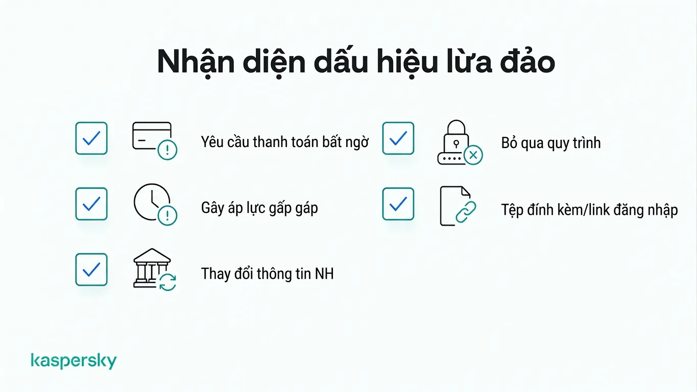 Các dấu hiệu cảnh báo chung của lừa đảo doanh nghiệp, bao gồm yêu cầu thanh toán khẩn và liên kết khả nghi